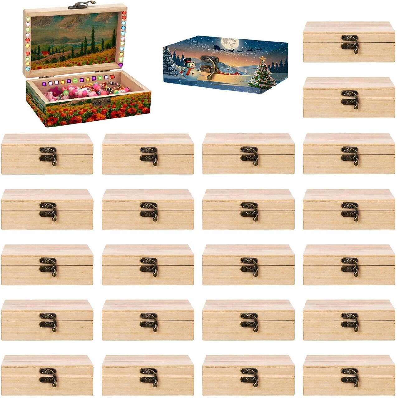 24 Pack Unfinished Wood Box with Hinged Lid, 6 x 4 x 2 Inch Storage Small Wooden Boxes for Craft Kids Christmas Gift Paint DIY Unpainted Jewellery Organizing Box Art Box